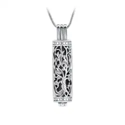 Silver pendant necklace featuring an intricate filigree tree motif, reminiscent of memorial pieces found in TX, with small round details along the edges, hanging from a thin, smooth chain—ideal for honoring loved ones or pet cremation Harris County memories.