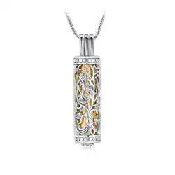 A silver pendant necklace featuring a cylindrical design with intricate openwork patterns, accented by small gemstones and hints of gold and rose tones—thoughtfully crafted in TX, perfect for honoring memories or pet cremation in Harris County.