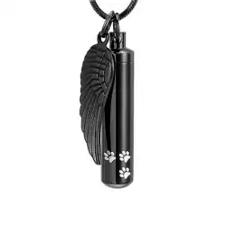 A black pendant necklace featuring a cylindrical vial adorned with white paw prints and a detailed angel wing charm—perfect for pet cremation remembrance in Harris County, TX.