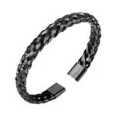A black braided open cuff bracelet with metallic rectangular end caps, displayed on a white background—a thoughtful keepsake idea for those seeking pet cremation in Harris County, TX.
