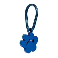 A blue metal keychain shaped like a paw print with a simple, rounded clasp at the top—a thoughtful keepsake for families seeking pet cremation in Harris County, TX.