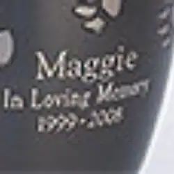 Close-up of engraved text on a dark surface that reads: "Maggie In Loving Memory 1999-2008," honoring a beloved pet in Harris County, TX.