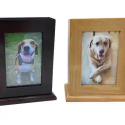 Two framed photos of dogs: the left frame is dark with a beagle smiling outdoors, and the right is light wood with a golden dog laying down and looking at the camera—a touching tribute perfect for remembering beloved pets in TX or considering pet cremation Harris County.