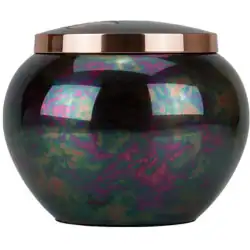 A round, iridescent dark-colored jar with a shiny metallic lid, reflecting light and showing hints of purple, green, and blue—an elegant choice for pet cremation in Harris County, TX.