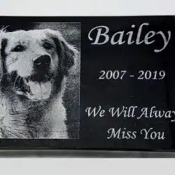 A black plaque with an engraved image of a dog and the text: "Bailey 2007 - 2019. We Will Always Miss You." A thoughtful tribute, ideal for remembering your pet after pet cremation in Harris County, TX.
