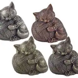Four small cat figurines, each hugging a ball of yarn, are arranged together. Perfect as a keepsake for pet cremation in Harris County, TX, the figurines feature detailed textures and come in shades of gray and brown.