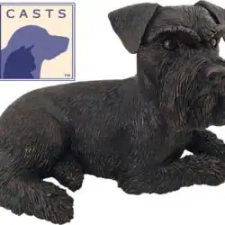 A textured black figurine of a Schnauzer dog lying down, with a logo featuring a dog's silhouette and the word "CASTS" in the upper left corner. Ideal for TX pet lovers or as a remembrance piece for pet cremation in Harris County.