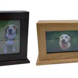 Two wooden picture frames, one dark and one light, each display a photo of a happy dog outdoors with a green background—an elegant tribute for pet cremation in Harris County, TX.