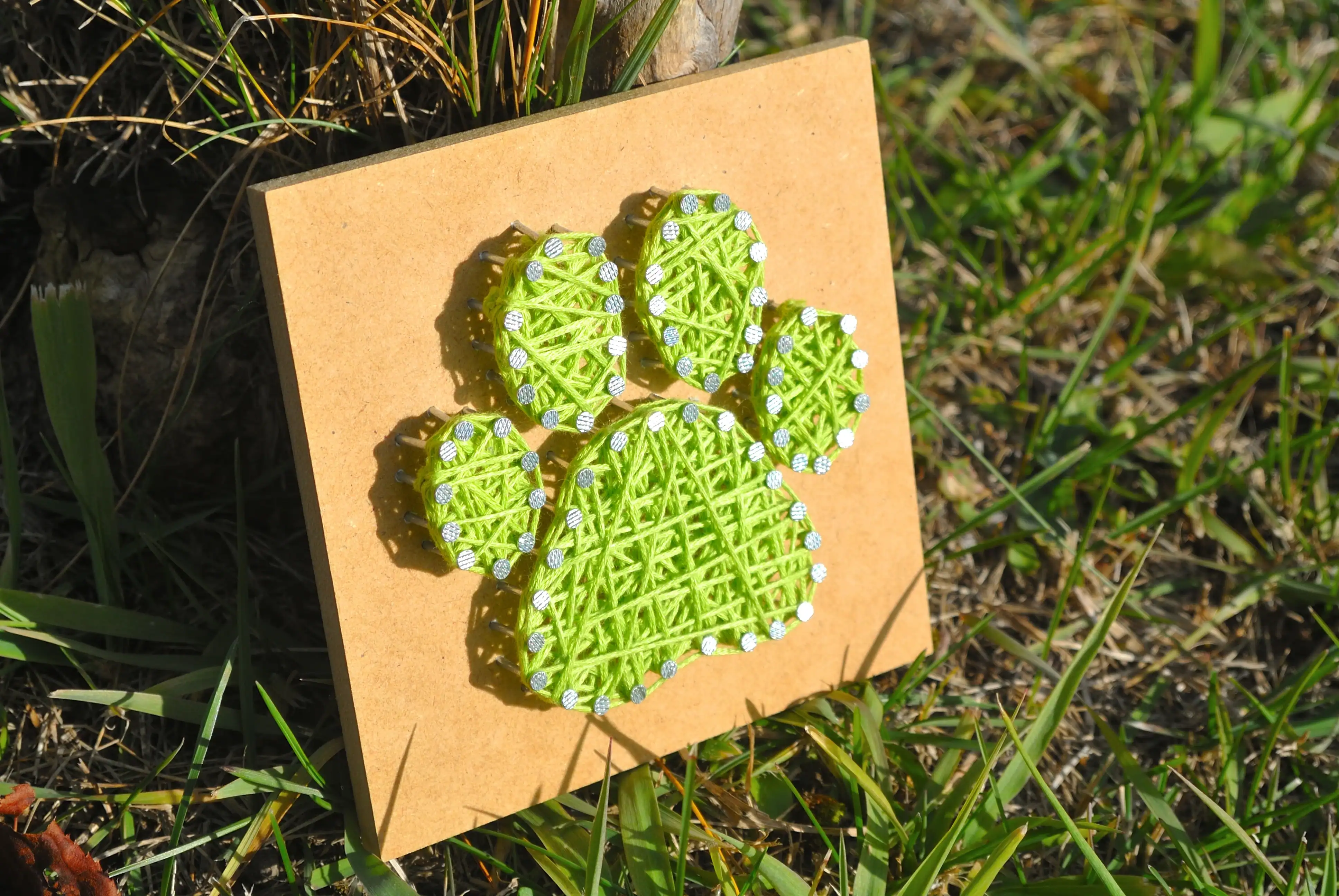 Green string paw art displayed at Angel Oaks Pet Crematory in Houston County, Texas, featuring a handcrafted design of a pet’s paw created with vibrant green string on a wooden frame, symbolizing love and remembrance for a beloved pet.
