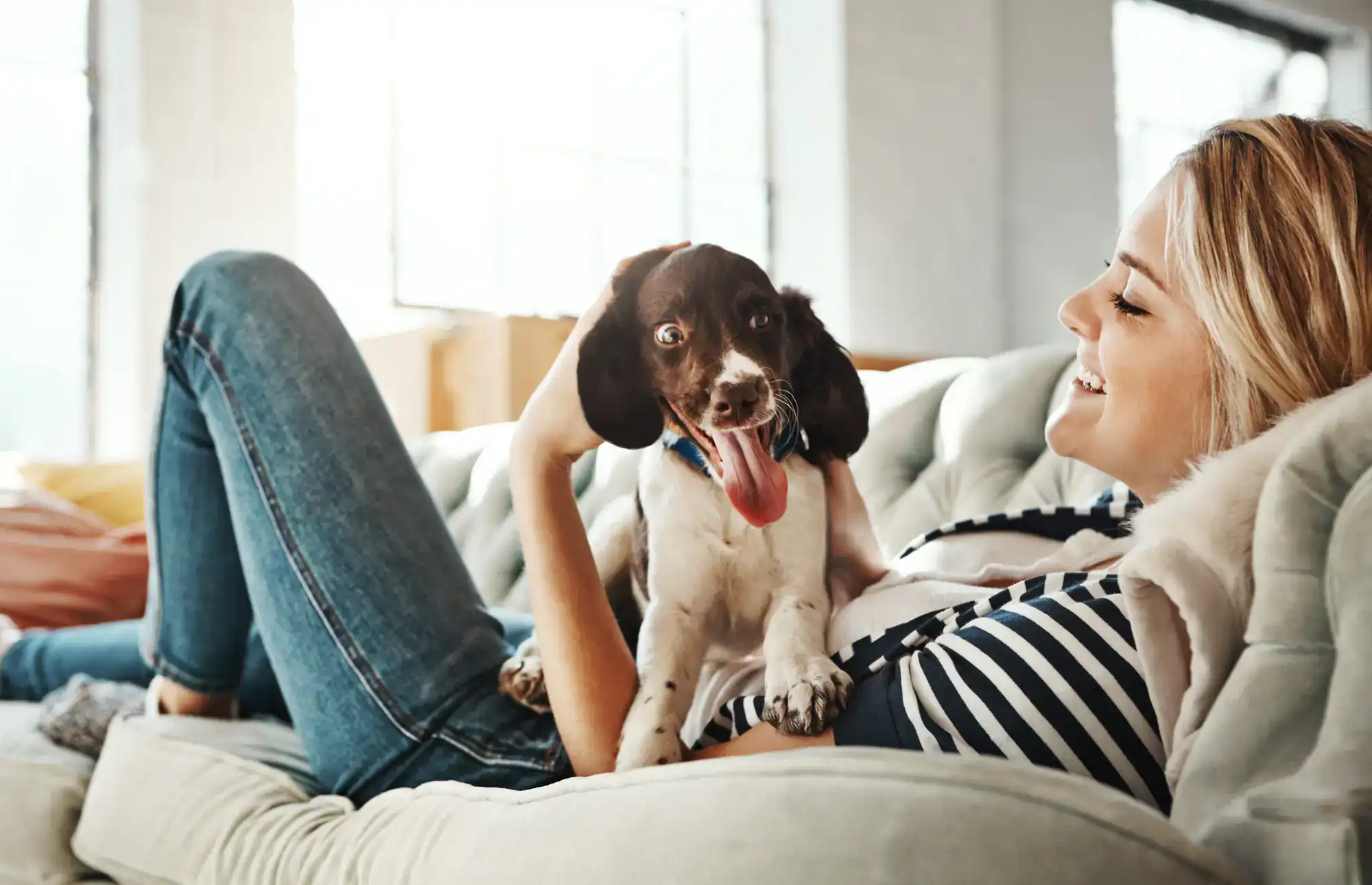 A joyful woman smiling while gently holding her happy dog indoors in Houston County, Texas, conveying love, companionship, and the bond shared with her pet