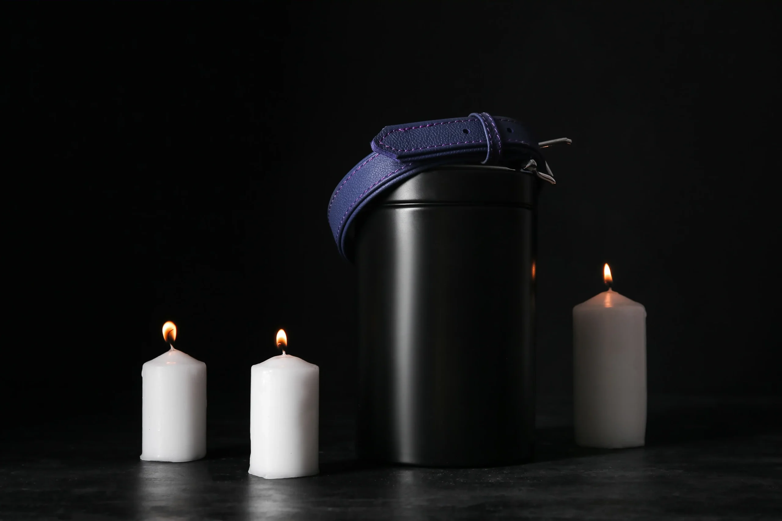 A black urn with a purple collar and three lit candles, symbolizing Pet Cremation Harris County services.