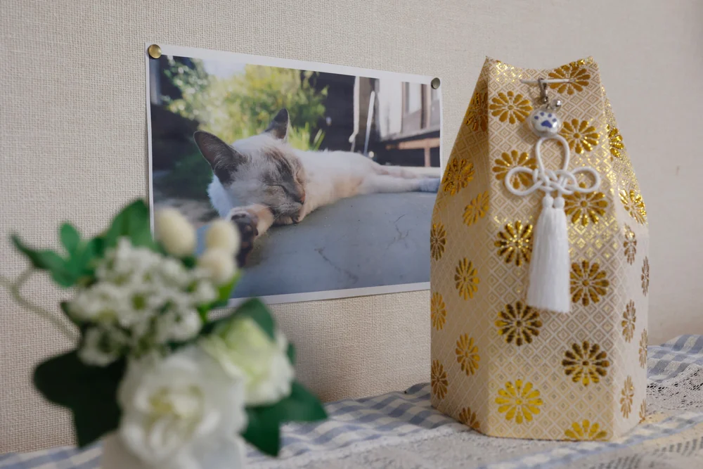 A sleeping cat rests beside a floral bouquet and urn, symbolizing pet tribute at Pet Cremation Harris County.