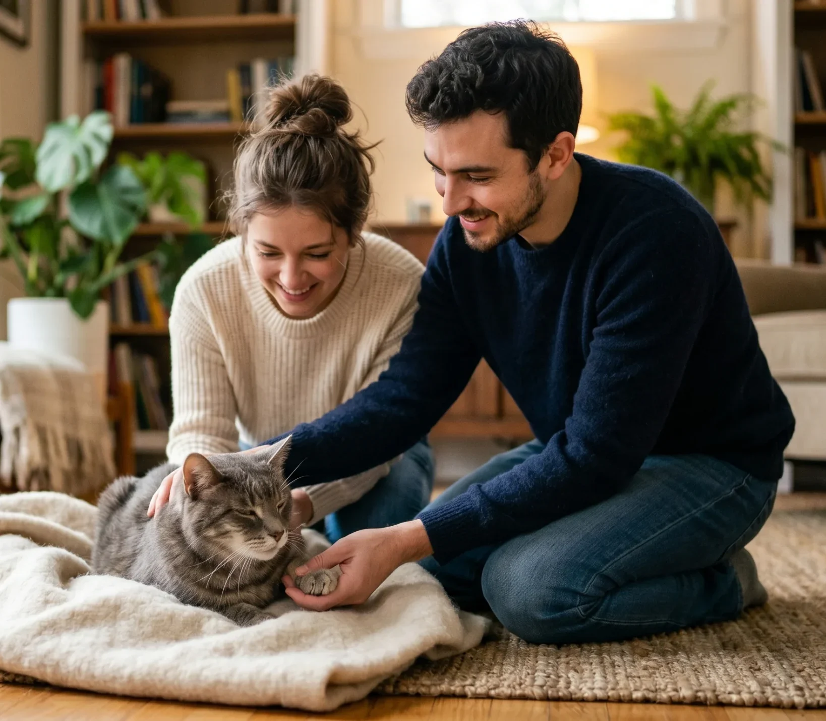 A smiling couple sits on the floor in a cozy living room, petting their cat—At-Home Pet Euthanasia.
