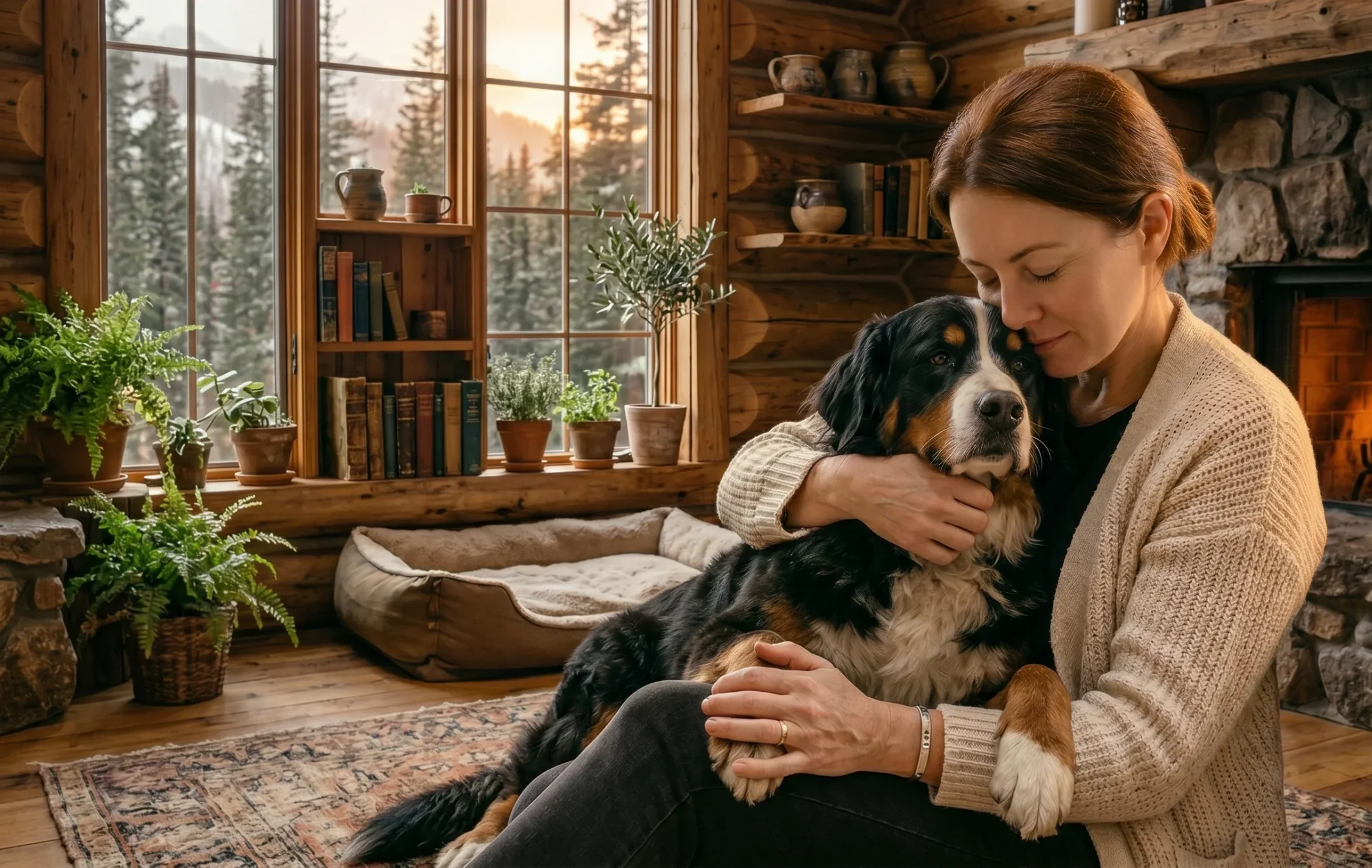 Woman cuddling a large dog in a cozy TX log cabin with fireplace, window, and bookshelves behind them.