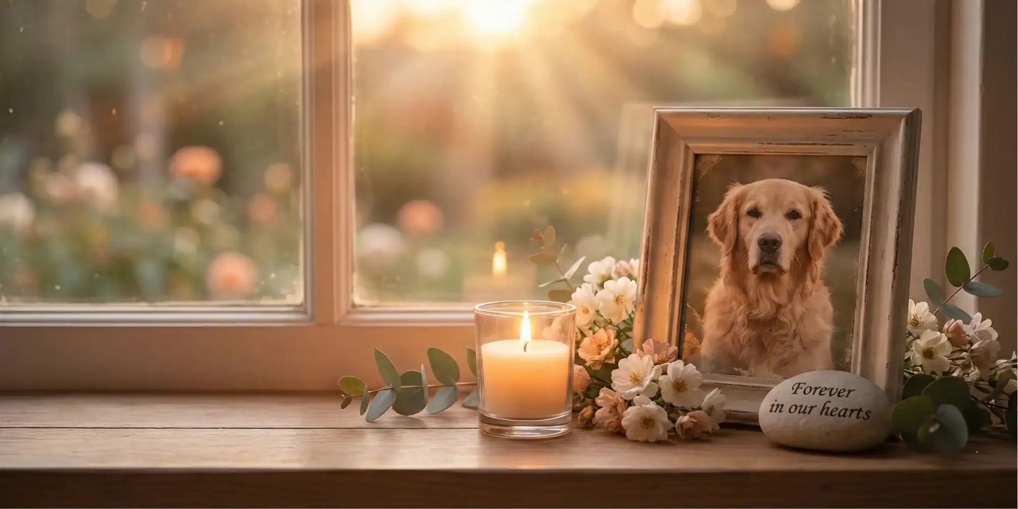 A framed photo, candle, flowers, and a "Forever in our hearts" stone symbolize Pet Cremation Harris County.