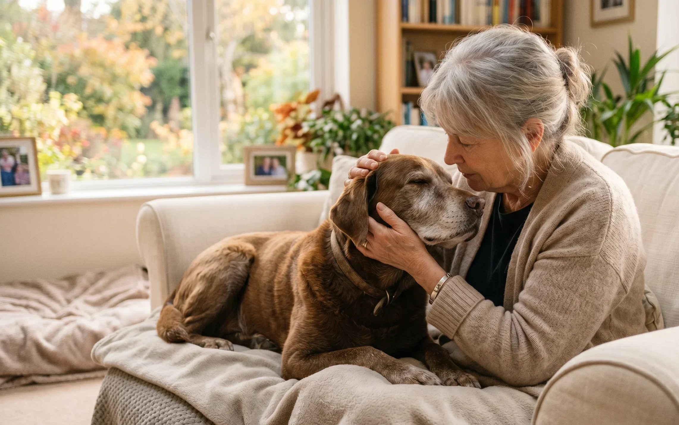 An older woman hugs her dog on a cozy sofa in TX, illustrating At-Home Pet Euthanasia Harris County.