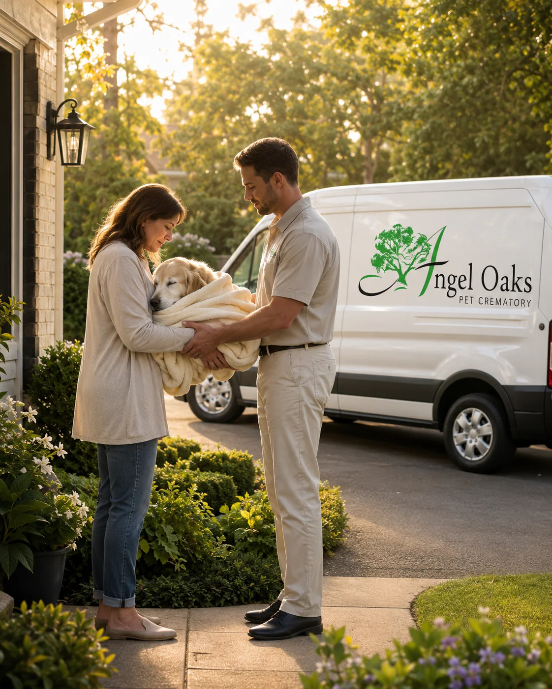A woman gives a dog wrapped in a blanket to a man by an Angel Oaks Pet Crematory van in Harris County, TX.