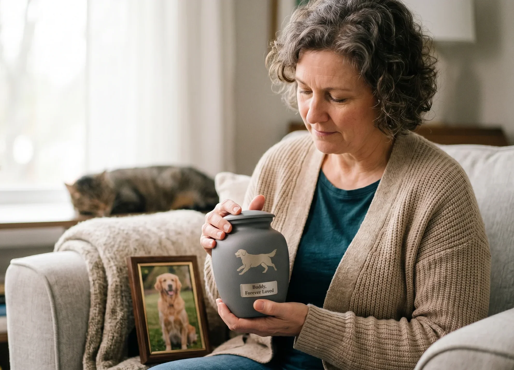 In Texas, a woman holds a pet urn by her dog's photo with her cat nearby, honoring Pet Cremation Harris County.