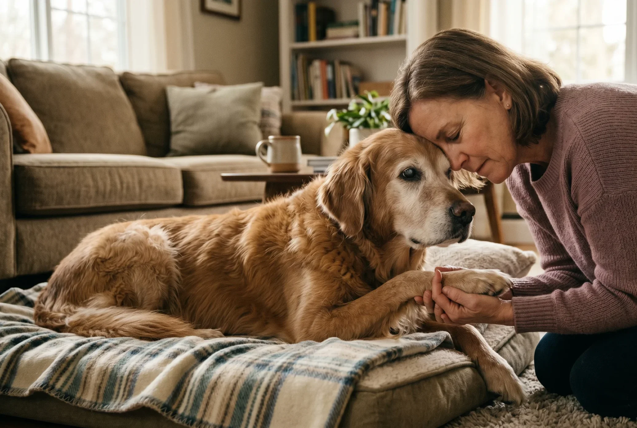 A woman gently holds her senior golden retriever’s paw as Pet Euthanasia Harris County support is awaited.