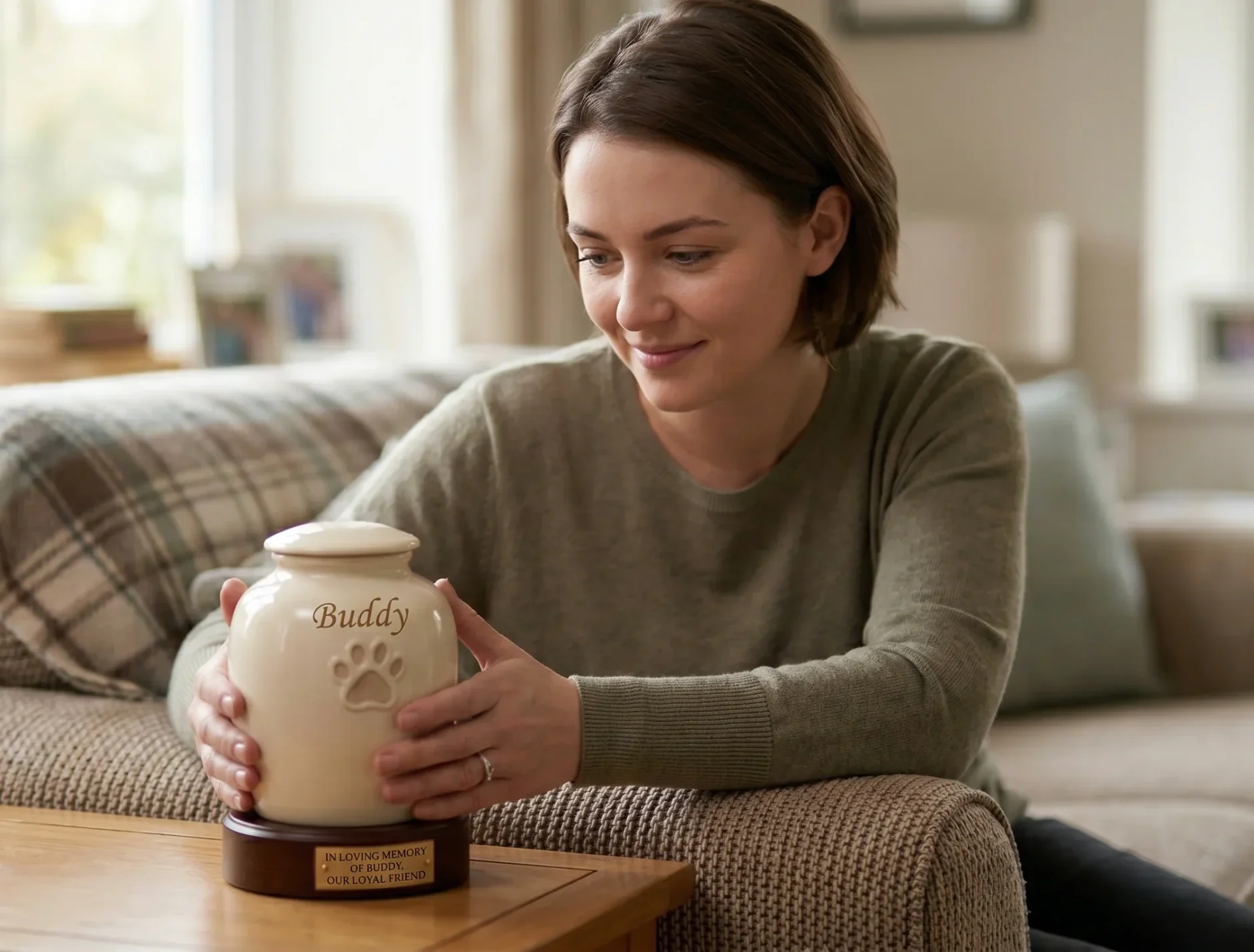 A woman in Harris County, TX, gently smiles at a pet urn labeled "Buddy" after at-home pet euthanasia.