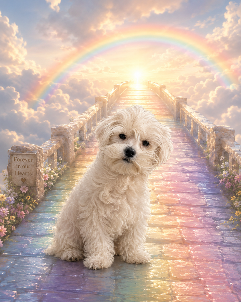 A fluffy white dog sits on a rainbow bridge at sunset beside a “Forever in our Hearts” sign.
