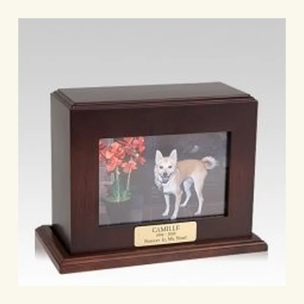 Horizontal walnut photo urn with a framed photograph of a pet